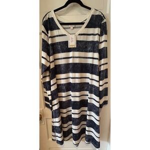 LuLaRoe Emily Dress Plus Size 3XL Navy Blue White Striped Long Sleeve V-Neck NEW